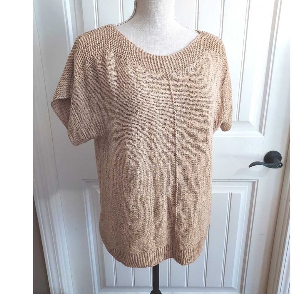 Cable & Gauge Tan Textured Knit Top Short Sleeve Beige Minimalist Size Small